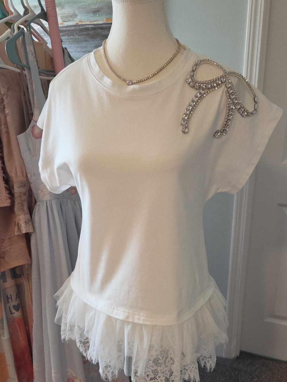 White Short Sleeve Tee with Lace Hem and Rhinestone Bow Accent - Picture 7 of 10
